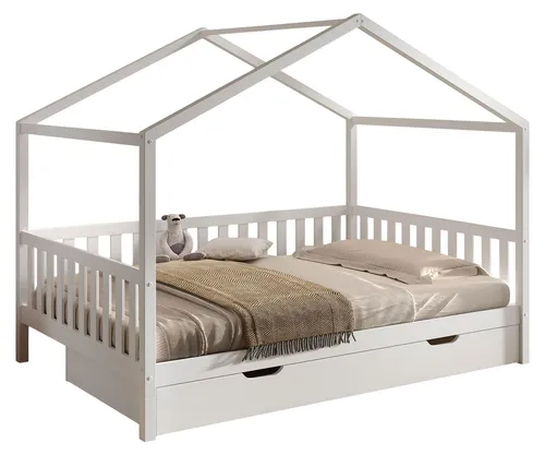 Hausbett Kapua 140x200 mit Bettschublade aus Kiefernholz - Modernes Hausbett in Weiß mit praktischer Bettschublade für zusätzlichen Stauraum. Vielseitig einsetzbar als Tagesbett oder Sofa, ideal für jedes Kinderzimmer.
