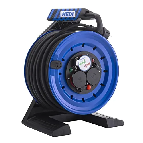 HEDI Vollkunststoff-Kabeltrommel Generation 7 Companion (Kabeltrommel-ø 250 mm, 50 m Gummi-Leitung H05RR-F 3G1,5 in schwarz, 3-fach Schutzkontakt-Steckdose 250 V) K7B50GTF