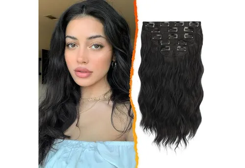 LuxusKollektion Kunsthaar-Extension Clip in Extensions 35cm Schwarz Wellige Haarverlängerung 5PCs