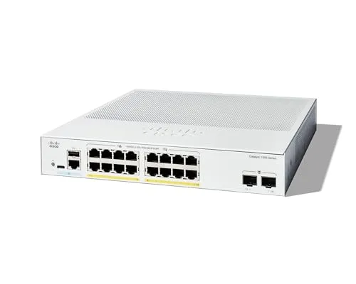 CISCO Catalyst 1300 16-Port Switch - 16-Port PoE+ Switch mit 240W Leistung, ideal für Netzwerkinfrastrukturen in Unternehmen und mit 2 x 1G SFP Uplinks für flexible Verbindungen.