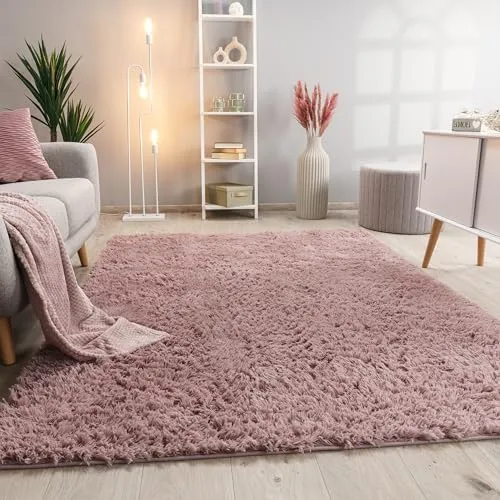 Paco Home Hochflor Teppich Wohnzimmer rutschfest Fellteppich Shaggy Flauschig Weich Modern Kunstfell Fell Imitat Einfarbig, Grösse:60x100 cm, Farbe:Alt-Rosa