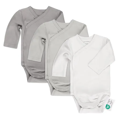LaLoona Wickelbody Langarm 3er Pack - Baby Body Set aus Baumwolle, Langarmbody mit Knöpfen, OEKO-TEX® Standard 100 geprüft - 62-68 - Natur