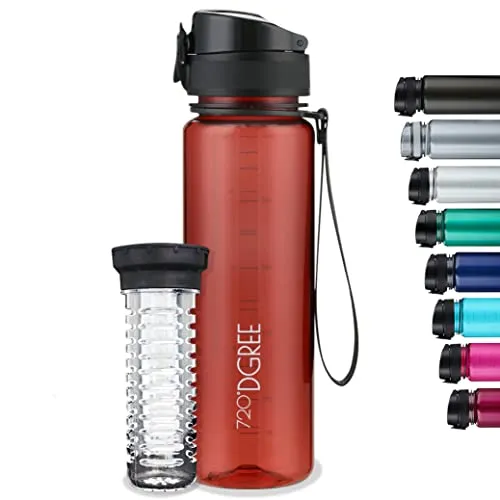 720°DGREE Trinkflasche Kinder 500ml “uberBottle“ crystalClear +Früchtebehälter - BPA-Frei, Auslaufsicher - Für Schule, Sport, Fitness - Tritan Wasserflasche: Schmal, Leicht, Stoßfest, Wiederverwendbar
