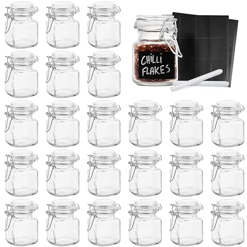 Oak & Steel - 24 Gewürzgläser mit Bügelverschluss, 48 Etiketten und Stift 100ml - Ideal für die Aufbewahrung von Gewürzen, Marmelade, Honig, als Geschenk