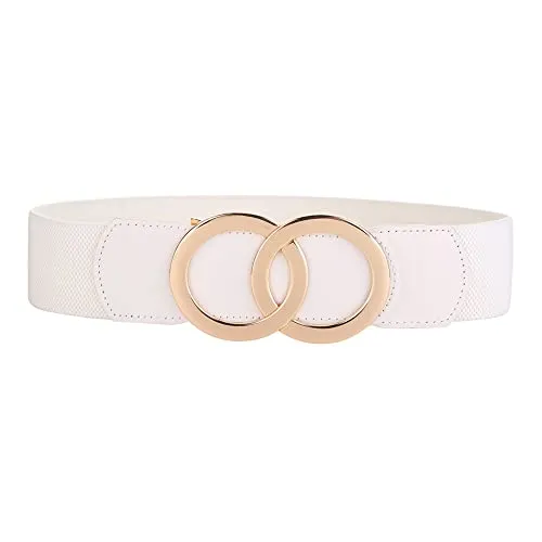 SYMOL Breiter Gürtel Damen für Kleid Elastischer Taillengürtel 70CM-160CM Große Taille Vintage Stretchy Hüftgürtel Damengürtel Gold O Schnalle.(Weiß,Taille:110CM-130CM)