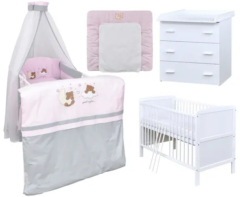 Baby-Delux Babyzimmer-Komplettset Babyzimmer 140x70 weiß Komplettset, (13-tlg), Babybett Wickelkommode Bettwäsche Set Komplettzimmer