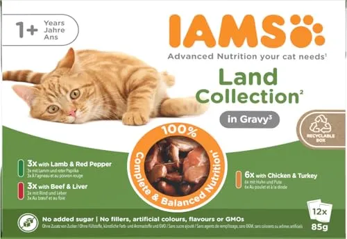IAMS Delights Land Collection Katzenfutter Nass - Multipack mit Fleisch Sorten (Lamm, Rind, Huhn & Pute) in Sauce, Nassfutter für Katzen ab 1 Jahr, 12 x 85g