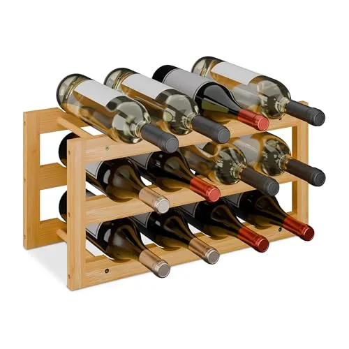 Relaxdays Weinregal, für Weinflaschen, Flaschenregal, 12 Flaschen, Natur | HxBxT: 28 x 56 x 24 cm, aus Bambus, Weinhalter