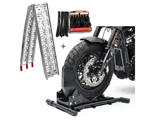 ConStands Motorradheber Set Easy Vario mit Auffahrrampe - Wagenheber Set mit der stabilen ConStands Motorradwippe Easy Vario, ideal zum sicheren Abstellen und Transportieren von Motorrädern, inklusive robuster Aluminiumrampe und Spanngurten für maximale Sicherheit.