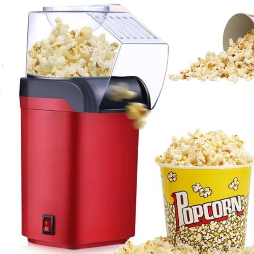 GOEDCH Heißluft Popcornmaschine für Kinder mit Transparentem Deckel und Messbecher: 1200W Retro Automatische Popcorn-Maschine Ohne Öl, Fettarm & Leise Für Filmabende, Zuhause (Rot)