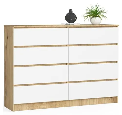 BDW - Kommode mit 8 Schubladen, Komodenschrank K140, Sideboard, Wohnzimmer Schlafzimmer Flur Möbel, Büroschrank, Robustes Material und modernes Design - 138x40x99 cm, Artisan-Eiche/Weiß