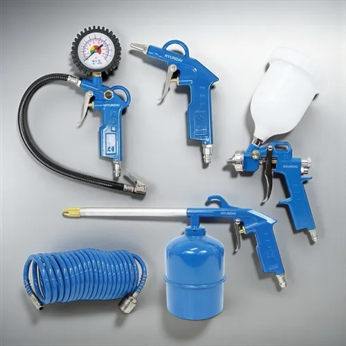 HYUNDAI Kompressor Zubehör SET ACZ55901 - 5-teiliges Druckluft Zubehör SET für vielseitige Anwendungen, inkl. knicksicherem Spiralschlauch und Schnellkupplung, ideal für Sprüh- und Lackierarbeiten sowie Reifenbefüllung.
