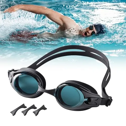 gatmove Schwimmbrille mit Sehstärke, Antifog Spray UV-Schutz HD Objektiv Schwimmbrille Profi, Swimming Goggles mit verstellbaren Bändern und Auswechselbare Nasenstützen für Männer und Frauen - 2.00