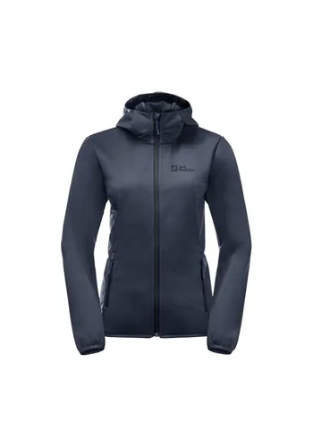 JACK WOLFSKIN WINDHAIN HOODY W - Damen Softshelljacke XXL in Nachtblau - Funktionsjacke für Damen mit winddichtem TEXASHIELD PRO SOFTSHELL, ideal für kalte Wandertage. Flauschiges Highloft-Fleece für besten Tragekomfort und zwei Hüfttaschen.