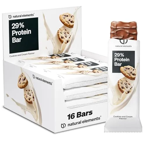 Produktbild natural elements Proteinriegel Cookies & Cream – Low Sugar Eiweißriegel – 13g Protein und 164kcal pro Riegel – 16x45g, vegetarisch, ohne Palmöl, – in Deutschland laborgeprüft