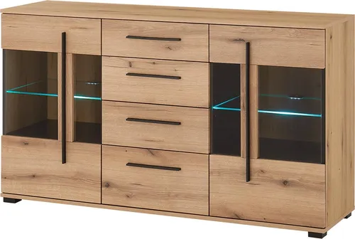 Lomadox Wohnzimmer-Set COLORADO-61 – 3-teilig mit LED-Beleuchtung - Stilvolles Wohnzimmer-Set in Eiche mit Vitrine, Kommode & Wandregal. Die LED-Beleuchtung setzt deine Deko perfekt in Szene, während Softclose-Schubladen für leises Schließen sorgen. Ideal für modernes Wohnen!