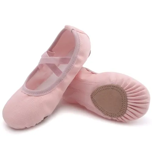 Acfoda Leinwand Ballettschuhe Kinder Flache Ballettschläppchen Mädchen Leicht Weich Schläppchen rutschfest Ballerinas Tanz Gymnastik Schuhe Verstellbar Rosa Gr.35