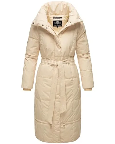 Navahoo Damen Wintermantel Mirenaa Cream - Warmer extralanger Steppmantel mit Gürtel - Funktionsjacke mit stylischem Taillengürtel, wasser- und windabweisend, ideal für kalte Herbst- und Wintertage.