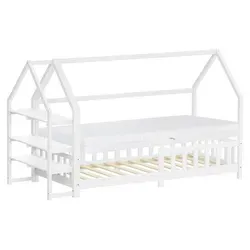 ML-Design Kinderbett 90x200cm mit Matratze und Rausfallschutz - Weiß - Funktionales Kinderbett im modernen Hausdesign, inklusive stabiler Matratze und praktischem Regal. Robustes Kiefernholz sorgt für Langlebigkeit. Der Rausfallschutz bietet zusätzliche Sicherheit und die angenehme Einstiegshöhe fördert die Selbstständigkeit.