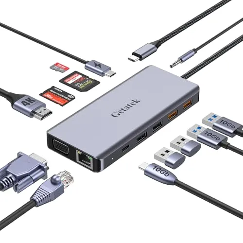Getatek 12-in-1 USB C Hub mit USB3.2 10Gbps Ports,USB-C10Gbps Port,USB2.0 Ports, 4K-HDMI, VGA,PD100W Charging, 1000M Ethernet, SD/TF/MS-Kartenles, 3.5mm AUX, Kompatibel für MacBook/Dell/HP and More