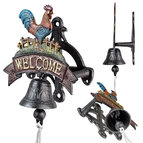 KADAX Türglocke aus Gusseisen, Gartenglocke mit Kordel, Dekorative Wandglocke im Rustikalen Stil, Glocke für Außentür, Wandmontierte Türklingel (Hahn)