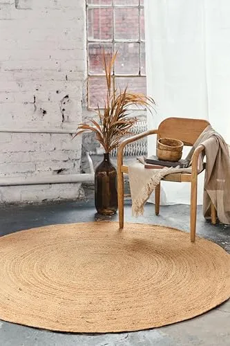 TAPISO Jute Teppich Rund | Boho Wohnzimmer Wohnzimmerteppich Naturfaser | Handgewebt, Pflegeleicht und Juteteppich Für Fußbodenheizung | Beige Teppich Schlafzimmer 80 x 80 cm