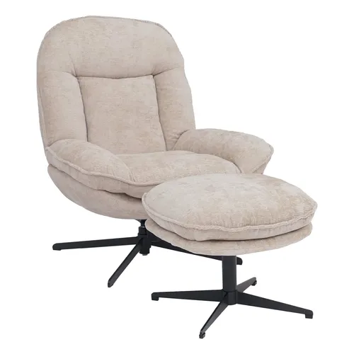 Relaxsessel MCW-P32 mit Hocker – drehbar & komfortabel - Eleganter Relaxsessel mit hochwertigem Chenille-Bezug (370 g/m²) und Nosagfederung für optimalen Sitzkomfort. 360° drehbar und mit Wippfunktion – ideal für entspannte Stunden zu Hause.