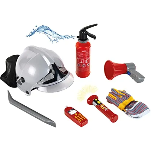 Theo Klein 8928 Feuerwehr-Set | 7-teiliges Set mit Helm, Taschenlampe und vielem mehr | Feuerlöscher mit Spritzfunktion | Verpackungsmaße: 52,4 cm x 35 cm x 20 cm | Spielzeug für Kinder ab 3 Jahren