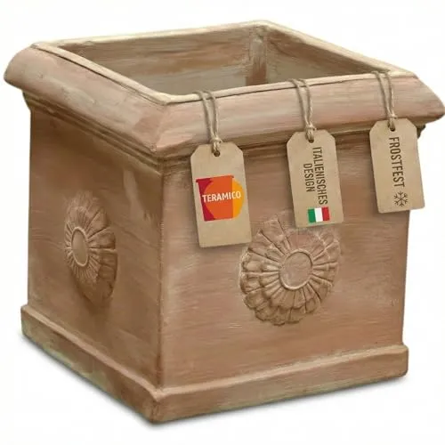 Handgefertigter Terrakotta Pflanzgefäß Cubo Con Rosone - Frostfest (25cm) - Garten-Zubehör: Mediterranes Flair für deinen Balkon mit frostfestem, handgefertigtem Terrakotta-Pflanzgefäß. Ideal für gesundes Pflanzenwachstum dank optimaler Feuchtigkeitsregulierung.