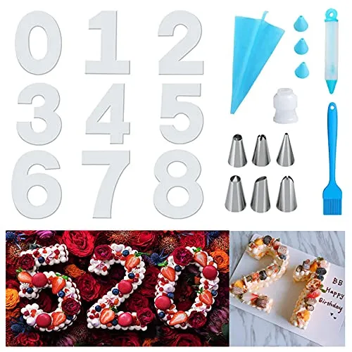 Backform Zahlen Groß, Kuchenform Zahlen 0-9, Number Cake Backform 14 zoll mit Spritzbeutel und Spritztüllen Set, 18 Stk Kuchen Werkzeug DIY Backen Formen Set für Hochzeit Geburtstag Jahrestag(14 zoll)