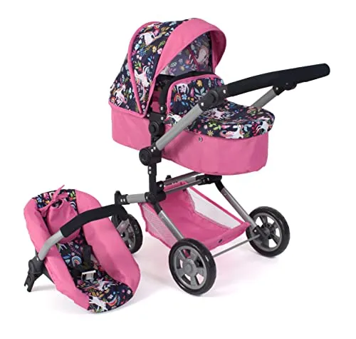 Bayer Chic 2000® 3in1 Kombi Puppenwagen Linus - Einhorn Navy-Pink - Multifunktionaler Puppenwagen in Einhorn-Design, ideal für Puppen bis 52 cm. Mit höhenverstellbarem Griff und platzsparend zusammenklappbar für grenzenlosen Spielspaß.