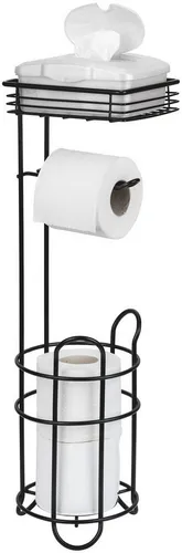 WENKO Klorollenhalter stehend - praktischer Toilettenpapierhalter mit Ablage - Toilettenpapierhalter aus schwarzem Metall mit Platz für 3 Rollen und Ablage für Feuchttücher oder Handys. Ideal für ein modernes Badezimmer!