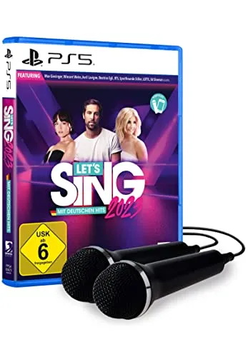 Let's Sing 2023 German Version + 2 Mics für PlayStation 5 - Spiele für PlayStation 5, erlebe den Let's Party-Modus mit bis zu 8 Spielern und performe 30 aufregende Songs. Inklusive 2 hochwertigen USB-Mikrofonen für den ultimativen Karaoke-Spaß!
