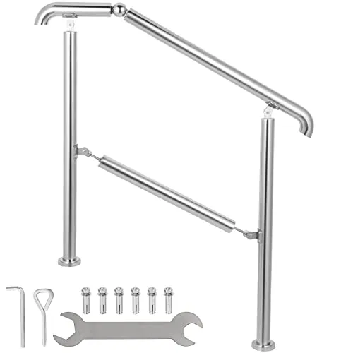 Happybuy Treppengeländer 5 Stufen, Hauseingang Handlauf Edelstahl mit Pfosten, Verstellbare Eingangsgeländer Silber, 4 bis 5 Stufiges Geländer 1,6 m,