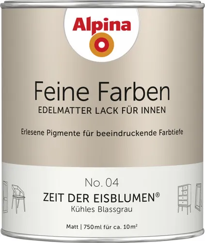 Alpina Feine Farben Lack No. 04 Zeit der Eisblumen® edelmatt 750ml - Edelmatter Innenlack in kühlem Blassgrau, ideal für Kinderspielzeug und ausgezeichnet mit dem Blauen Engel. 2in1: Grundierung & Lack in einem für ca. 10m².