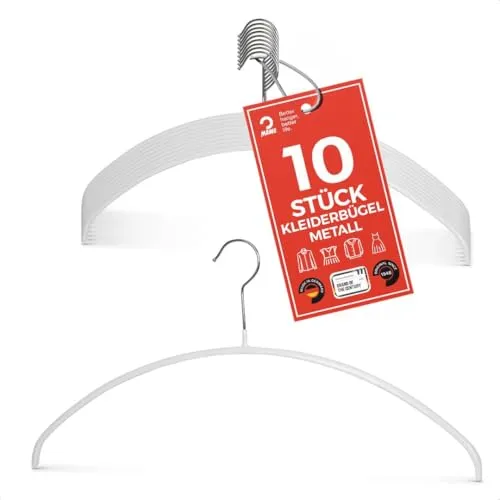 MAWA Kleiderbügel, Set mit 10 hochwertigen, platzsparenden, rutschfesten Kleiderbügeln, ideal für T-Shirts und Pullover, mit 360° drehbarem Haken und Rutschfester Beschichtung, 46 cm, Weiß