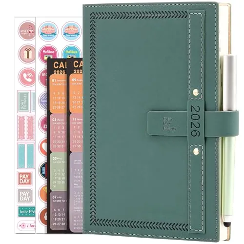 Terminplaner 2026 A5 Seite pro Tag Ganzjahresplaner, Terminplaner 2026 von Jan 2026 bis Dezember 2026, Tagesplaner Monatsplaner mit Kalender, Stift, Stifthalter, Monatsregister, Innentasche (Grün)
