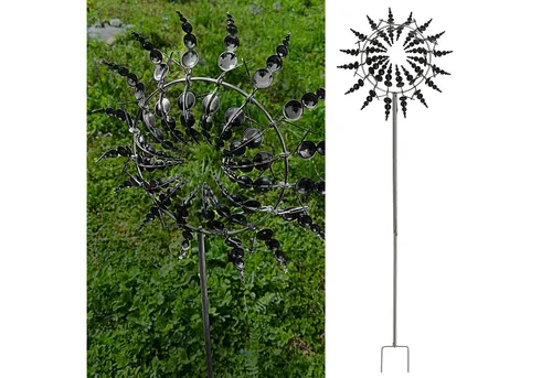 Windrad 3D 16 Flügel | Schwarz Metallic-Effekt - Windspiel zur Gartendekoration mit 16 rotierenden Flügeln für magische Atmosphäre, leise Drehung auch bei leichtem Wind, inklusive stabiler Bodenhalterung.