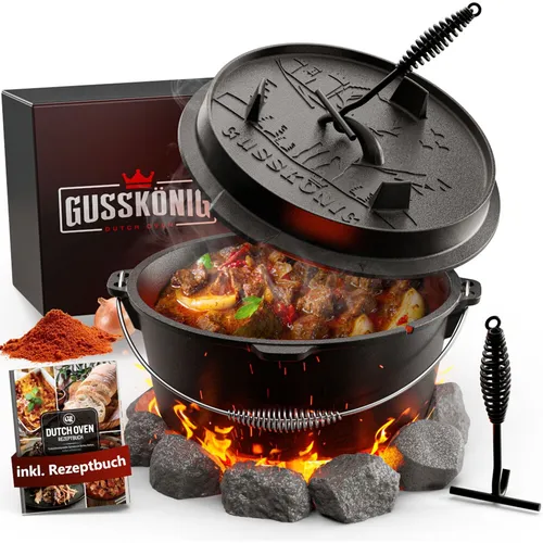 GUSSKÖNIG Dutch Oven 4,5 l mit Füßen - Grillzubehör: Robuster Dutch Oven aus Gusseisen, ideal für schmackhafte Gerichte im Freien, mit Füßen für optimale Hitzeverteilung und 4,5 l Volumen für 1-3 Personen.