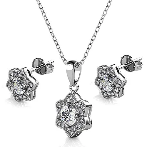Juwelier Nagel Silber-Kette Anhänger & Ohrringe Schmuck-Set | 925 Sterling Silber | Vergoldet mit 18K Weißgold | Princess