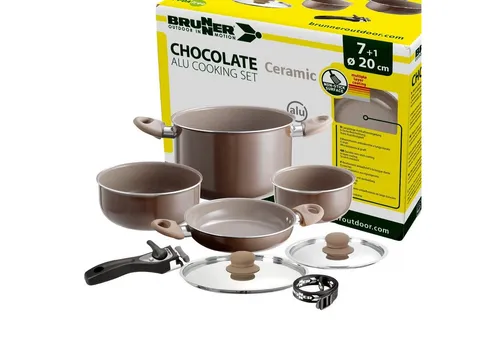 BRUNNER Topf-Set Camping Kochtöpfe Alu CHOCOLATE - 7-teiliges, platzsparendes und stapelbares Topfset für Camping, ideal für Outdoor-Küche und Reisen