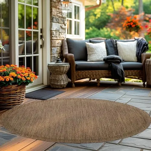 Carpettex In & Outdoor Teppich Wetterfest 120 cm Rund Braun - Sisal Optik Balkon Teppich Waschbar, Wasserfest und Flachgewebe - Ideal als Teppich für Küche, Terrasse, Garten und Camping