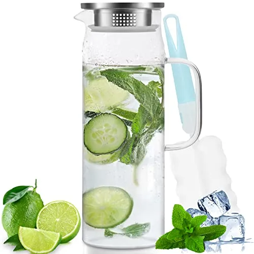 Miudeco Glaskaraffe, 1,5 Liter/51 Unzen Wasserkaraffe mit Deckel, Glaskrug für Heißes/Kaltes Wasser, Eistee und Saftgetränke (mit Becherbürste)
