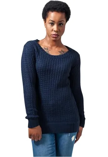 Urban Classics Damen Long Wideneck Sweater Pullover, Blau (Navy 155) - Pullover für Damen, aus weichem, strukturiertem Stoff für hohen Tragekomfort und lässigen Look.