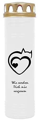 HS Candle Grablicht Grabkerze - mit Motiv (Katze Herz 1) - ca 170h / 7 Tage Brenndauer je Kerze (26cm, Ø 7cm) - viele Verschiedene Deisgns