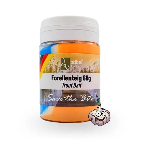 Zite Fishing Forellenteig mit Knoblauch-Aroma 60g – Fängige Forellenpaste Schwimmend als Forellenköder – Trout Bait Teigköder in knalligen UV-Neonfarben mit Glitter (Regenbogen Orange)