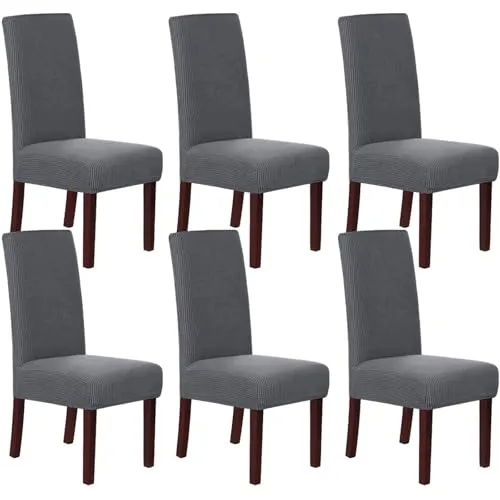 HOMECOVER Stuhlhussen 6er Set, Stretch Jacquard Stuhlbezug Stuhlhussen für Esszimmerstühle Universal Abnehmbarer Stuhlbezug Für Esszimmer Hotel Küche-grau-6er Set