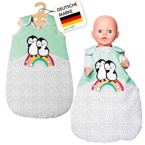 Heless 2194 - Schlafsack für Puppen im Pinguin Pünktchen Design, mit Pinguin-Aufdruck und Klettverschluss, kuschelweich, Größe 35 - 50 cm