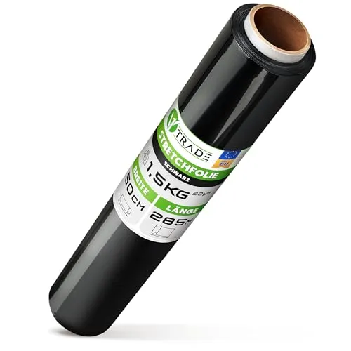 V1 TRADE Stretchfolie Schwarz - Stretchfolienrolle 285m x 50 cm - Verpackungsfolie 23my - Umzugsfolie für möbel