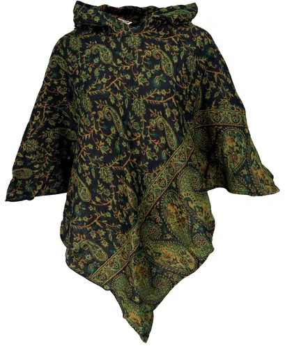 Flauschiger Poncho mit Kapuze - Goa Hippie Boho in schwarz/lemon - Jacke im Ethno-Stil, aus 100% fair gehandeltem Polyacryl, ideal für ganzjährige Nutzung und gemütliche, lässige Outfits.